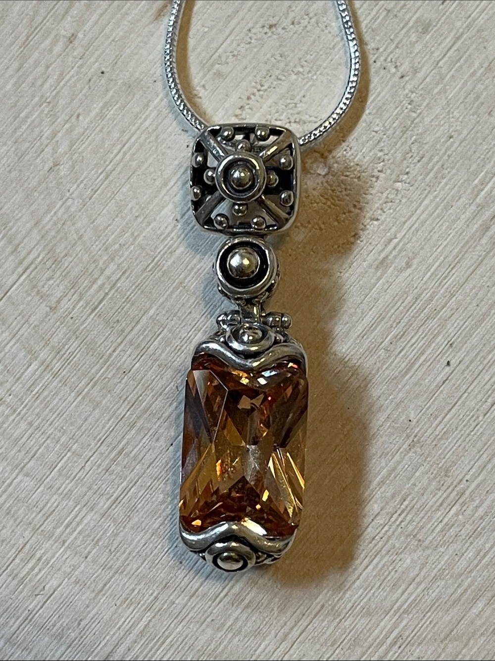 Sterling Silver Pendant Necklace with Amber-Citrine Rectangular CZ